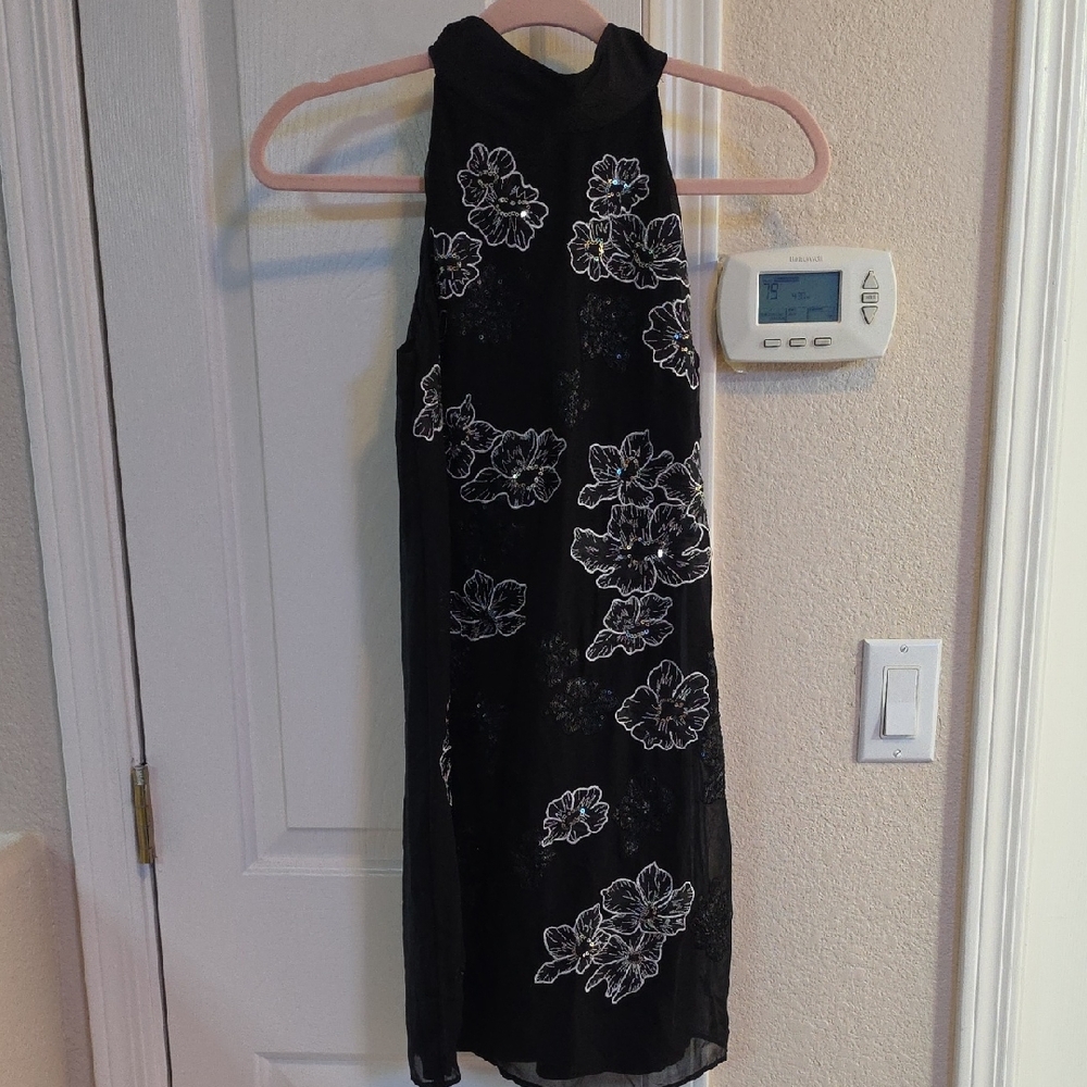 WHBM Black 3D Beaded Embroidered Floral High-Neck Women’s Dress XXS